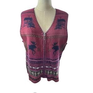 "Woolrich" Vintage Claret Rustic Moose Sweater Vest Moose Woodland Forest Preppy